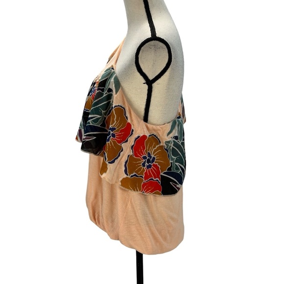 Free People One Shoulder Floral Ruffle Detail Blouse - Peach Pink - size Large - Picture 4 of 9